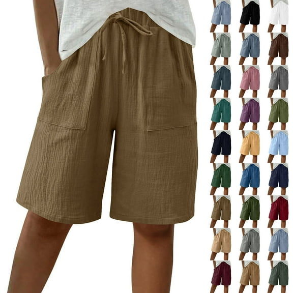 QATAINLAV Cotton Linen Gauze Beach Shorts for Women Knee Length Wide Leg Bermuda Shorts High Waisted Casual Vacation Short Pant with Pockets Blue XL