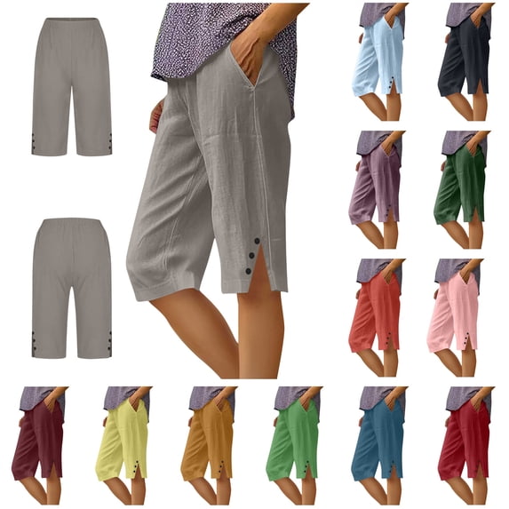 QATAINLAV Cotton Linen Long Shorts for Women Knee Length Capri Pants Summer Straight Leg Loose Bermuda Shorts with Pockets Mint Green XL