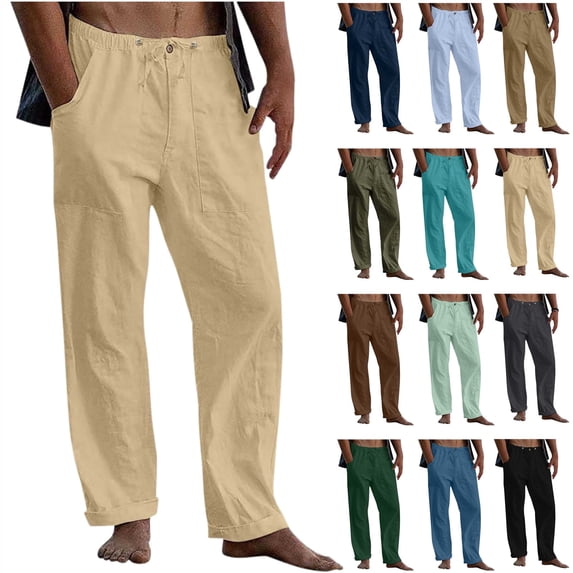QATAINLAV Cotton Linen Pants for Men Casual Drawstring Wide Leg Pants Fashion Solid Color Lounge Pants Elastic Waist Work Trousers with Pockets Gray L
