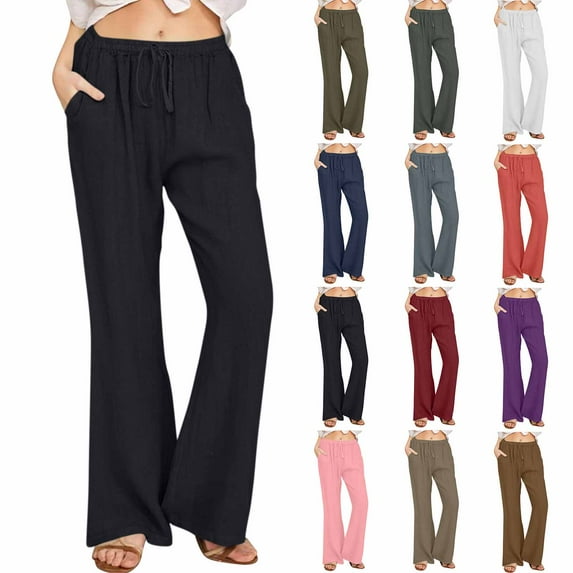 QATAINLAV Cotton Linen Pants for Women 2025 Fashion Flared Wide Leg Pant Casual Elastic Waist Drawstring Lounge Trousers with Pockets Holiday Beach Outfits Watermelon Red XXXL Sales of The Week