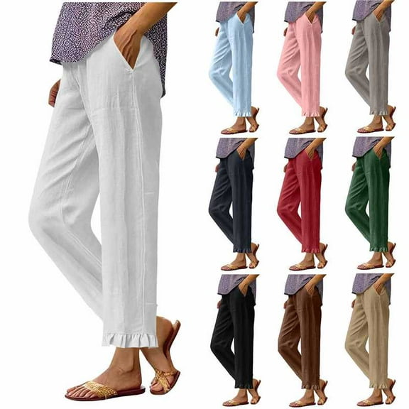 QATAINLAV Cotton Linen Pants for Women Casual Ruffle Hem Straight Wide Leg Boho Beach Pants Summer Elastic Waist Lounge Trousers with Pockets Navy XXL Mother's Day Gifts