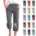 thumbnail image 1 of QATAINLAV Cotton Linen Pants Women Summer Plus Size Wide Leg Capris Casual Drawstring High Waist Beach Pants Trendy Dandelion Print Cropped Trousers with Pockets Navy XL, 1 of 6