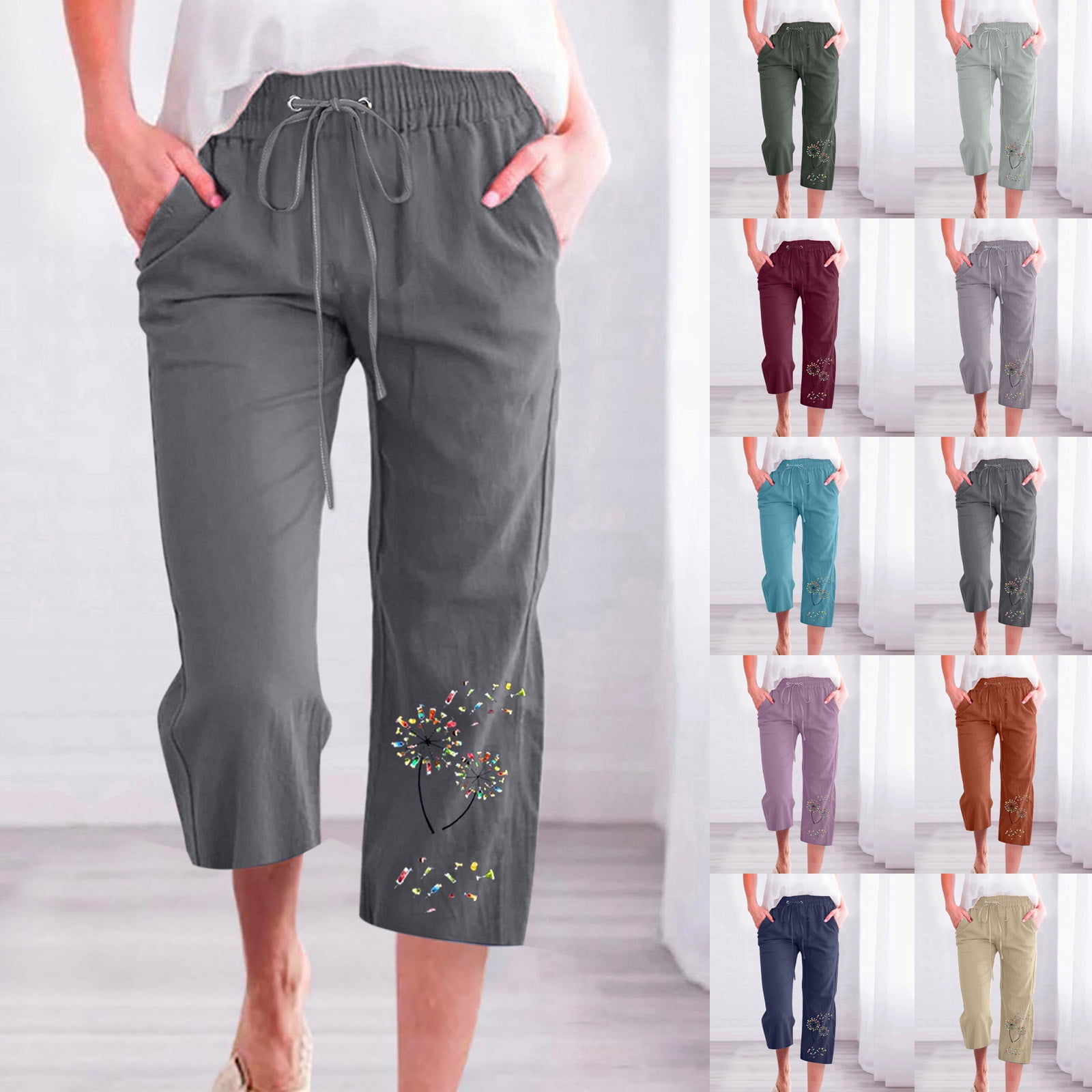 QATAINLAV Cotton Linen Pants Women Summer Plus Size Wide Leg Capris Casual Drawstring High Waist Beach Pants Trendy Dandelion Print Cropped Trousers with Pockets Ropa de Verano Para Mujer 2024 Navy L