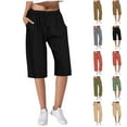thumbnail image 1 of QATAINLAV Cotton Linen Pants for Women Casual Drawstring Waist Lounge Pant Solid Color Cropped Trousers with Pockets Today Prime Sales Khaki L, 1 of 6