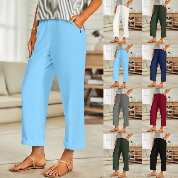 QATAINLAV Cotton Linen Pants for Women Elastic High Waisted Pull On Trouser Solid Color Straight Wide Leg Work Trousers with Pockets Light Blue XXL