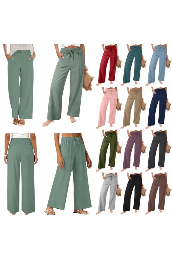 Cotton Linen Pants for Women Summer Elastic Waist Drawstring Wide Leg Trousers Loose Fit Lightweight Beach Pants Mint Green XL