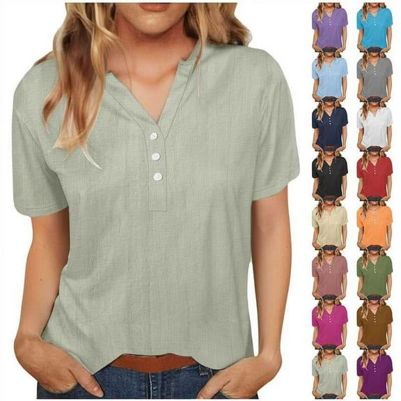 QATAINLAV Cotton Linen Shirts for Women Casual Button Down V Neck Collared Blouse Summer Short Sleeve Tees Shirt Loose Fit Vacation Tops Gray XL