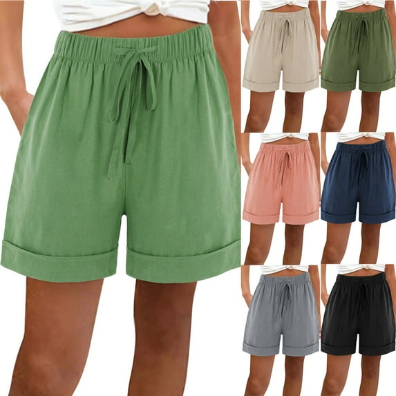 QATAINLAV Cotton Linen Shorts for Women 2025 Loose Fit Summer Shorts Casual Drawstring Elastic Waist Folded Hem Shorts with Pockets Black L Ofertas Relampago de Hoy