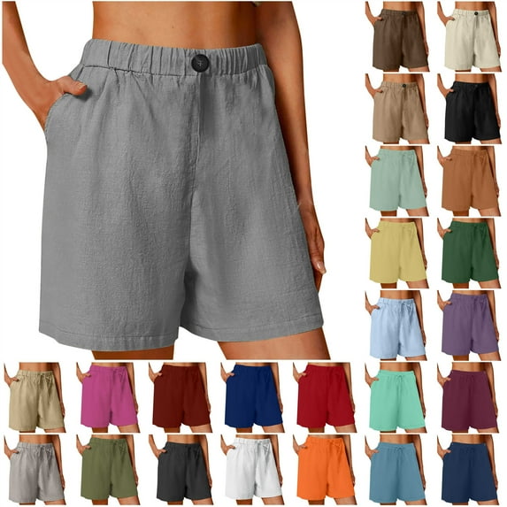 QATAINLAV Cotton Linen Shorts for Women Comfy Casual Solid Elastic Waist Beach Shorts 2025 Summer Lightweight Short Pants with Pockets Dark Gray L Ofertas Flash Del Dia