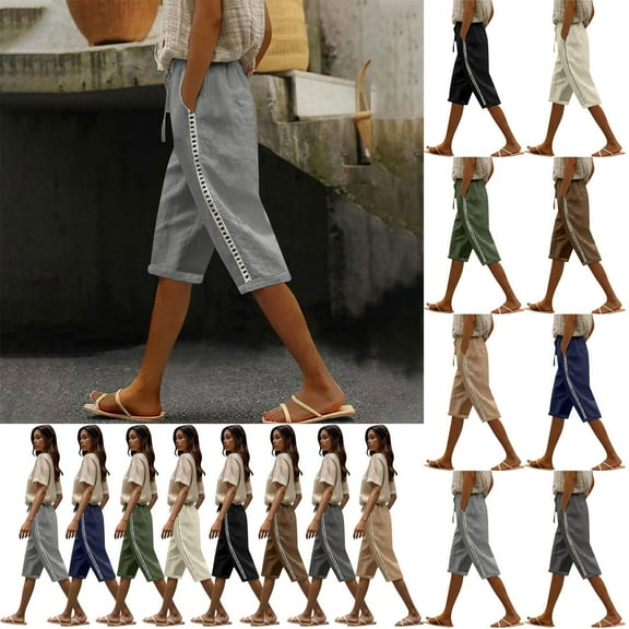 QATAINLAV Cotton Linen Shorts for Women Loose Fit Hallow Out Knee Length Bermuda Shorts 2025 Summer Casual Drawstring Beach Shorts with Pockets Navy L Back to College Sale