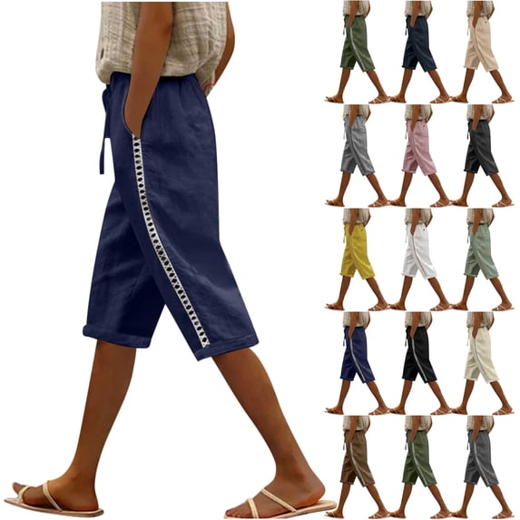 QATAINLAV Cotton Linen Shorts for Women Summer Shorts 2025 Loose Fit Knee Length Bermuda Shorts Casual Drawstring Straight Leg Lace Hollow Out Beach Shorts with Pockets Ofertas Flash Khaki M