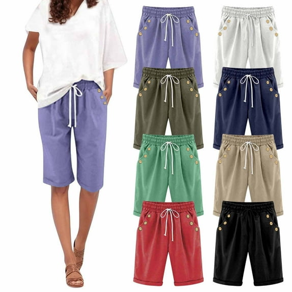 QATAINLAV Cotton Linen Shorts for Women Casual Summer Bermuda Shorts Knee Length Button Elastic Waist Beach Shorts Resort Wear Green XXL Saving Sales