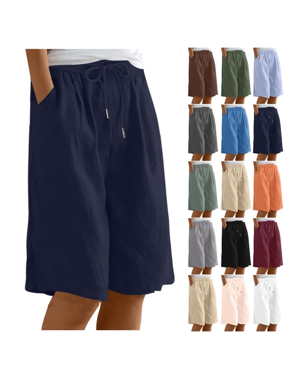 Cotton Shorts for Women Womens Bermuda Shorts Cotton Linen Knee Length Wide Leg Short 2026 Beach Solid Color Shorts with Pockets