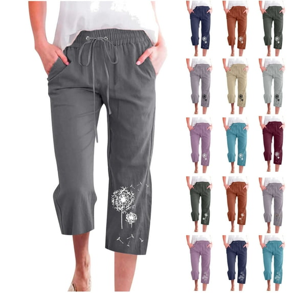 QATAINLAV Crop Pants for Women Loose Fit Wide Leg Linen Capris Summer Casual Drawstring Beach Pants Fashion Dandelion Print Cropped Trousers with Pockets Gray 3XL