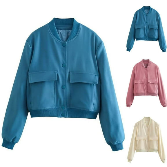 QATAINLAV Cropped Bomber Jackets for Women Fall Trendy Casual Button Down Long Sleeve Varsity Jacket Windbreaker Outerwear Coat with Pockets Pink L