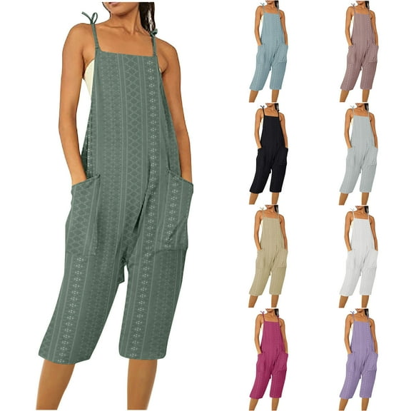 QATAINLAV Cropped Jumpsuits for Women 2025 Summer Casual Vacation Outfits Eyelet Embroidery Adjustable Strap Short Overalls One Piece Capri Pants with Pockets Hot Pink S Back to College Sale