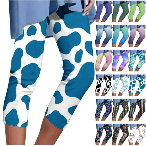 QATAINLAV Cropped Leggings for Women Oversized Milk Silk Soft Running Yoga Capri Pants Casual High Waisted Legging Capris Fashion Printed Tights Lightening Sales Sky Blue M