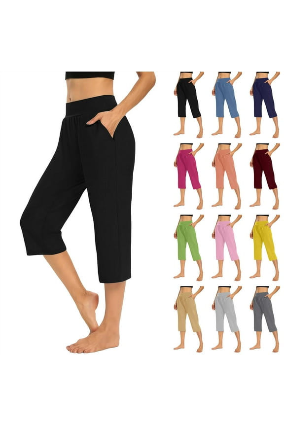 Cropped Pants for Women with Pockets Solid Elastic Waist Yoga Capri Pants Summer Fall Casual Stretchy Going Out Capris Streetwear Navy XL