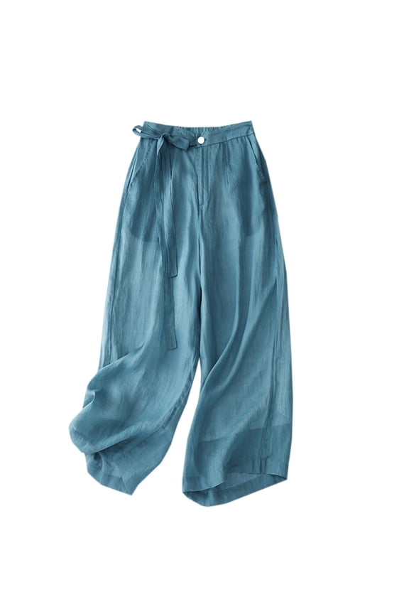 Cropped Trousers for Women Summer Casual Tie Waist Capris Pant Loose Wide Leg Cotton Linen Lounge Pants Solid Color Capri Pajama Bottoms with Pockets Mono de Verano Para Mujer Blue L