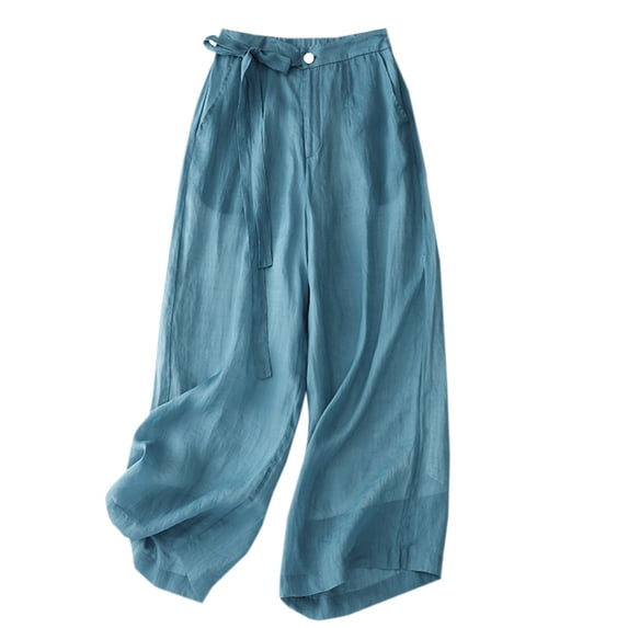 QATAINLAV Cropped Trousers for Women Summer Casual Tie Waist Capris Pant Loose Wide Leg Cotton Linen Lounge Pants Solid Color Capri Pajama Bottoms with Pockets The Today Show Steals and Deals Blue XXL