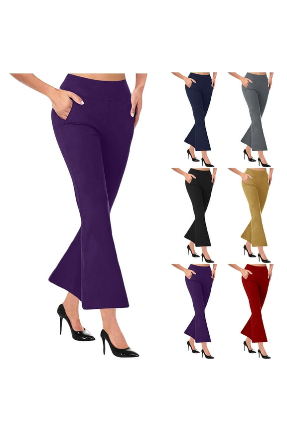 Cropped Yoga Pants for Women High Waist Flared Workout Capri Pants 2025 Business Casual Outfits Solid Work Trousers with Pockets Limited Time Sale Dark Gray M