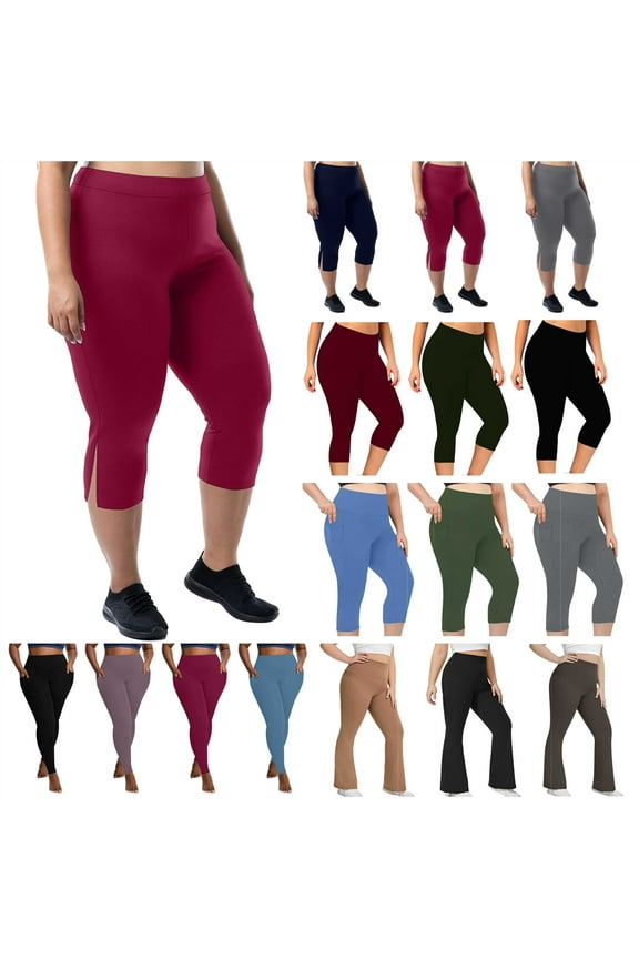 Cropped Yoga Pants for Women Soft Stretchy High Waisted Capri Leggings Casual Side Slits Workout Tight Capris, Wine, L,