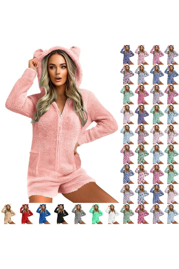 Cute Bear Onesise Sleepwear for Women Fashion Heart Print Sherpa Fleece Hooded Romper Warm Fuzzy Zip Up Short Jumpsuit Playsuit Pajamas, Pink, L