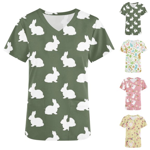 QATAINLAV Cute Bunny Scrub Top for Women with Two Pockets V-Neck Short Sleeve Stretch Nursing Scrubs Holiday Medical Working Uniform Pocket Tees Limited Time Sales Green XL