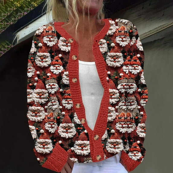 QATAINLAV Cute Christmas Cardigans for Women Xmas Santa Claus Print Button Down Knitted Sweaters Lightweight Long Sleeve Open Front Jacket Cardigan Multicolor M Deal Of The Day Prime Today