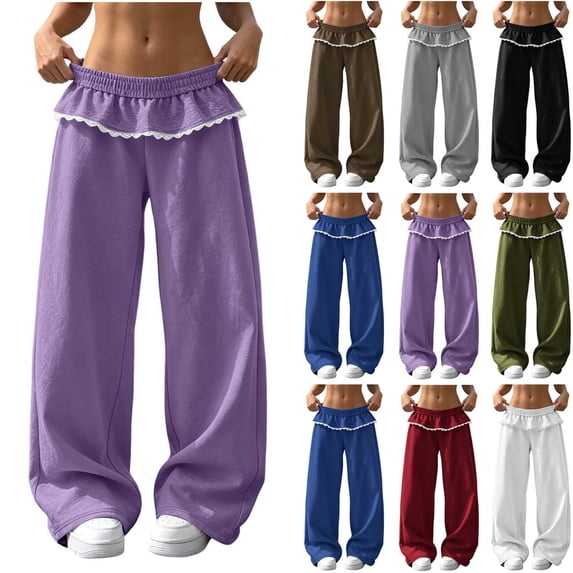 QATAINLAV Cute Ruffle Elastic Waist Sweatpants for Women Baggy Wide Leg Athletic Pants Solid Color Casual Joggers Trousers White XL