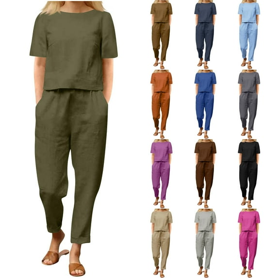 QATAINLAV Linen Sets for Women 2 Piece Short Sleeve Tops and Pants Matching Set Summer Casual Beach Vacation Outfits Gray L