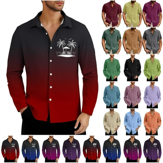 QATAINLAV Gifts for Girls, Men's Hawaiian Long Sleeve Shirts Summer Casual Linen Button Down Shirt Fashion Palm Trees Print Blouse Tropical Holiday Beach Tops Red L
