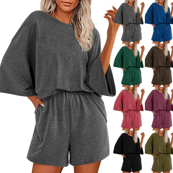 QATAINLAV Ofertas Relampago de Hoy Summer Two Piece Outfits for Women 2025 Matching Set Loose Casual Short Sleeve Tops and Elastic Waist Shorts Lounge Sets with Pocket Blue XL