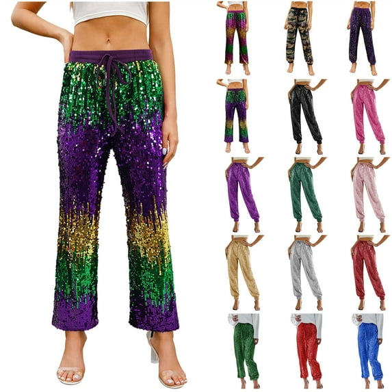 QATAINLAV Ofertas Relampago de Hoy Womens Sequin Sparkle Glitter Pants Casual Elastic Bottom Sweatpants Drawstring High Waisted Trousers Clubwear Mardi Gras Outfits Purple XL