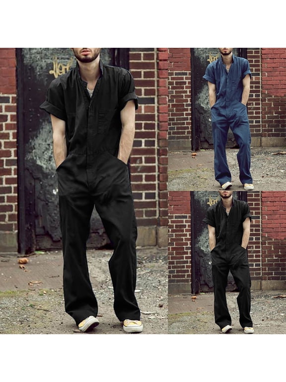 Daily Sales Mens Rompers Jumpsuits Casual Button Down Short Sleeve One Piece Coverall Loose Fit Full Length Overalls Outdoor Shorts Tracksuits with Pockets Black XL