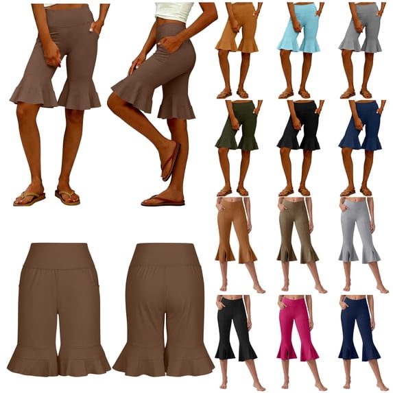 QATAINLAV Women's Yoga Capri Pants Stretch Causal Athletic Capris Solid Elastic Waist Ruffle Hem Dance Leggings with Pockets Black L