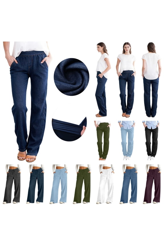 Dark Blue Straight Leg Jeans for Women High Waisted Elastic Pull On Denim Trousers Solid Color Casual Jean Pants with Pockets Streetwear
