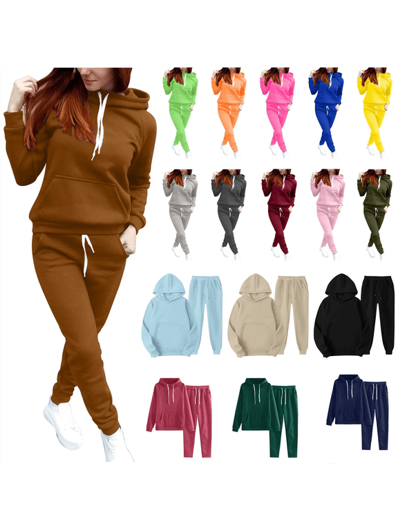 Sweatshirt and Sweat Pants for Women Casual Sweatsuit Set Solid Long Sleeve Pullover Matching Drawstring Pants Tracksuit Loungewear Sets with Pockets