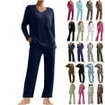thumbnail image 1 of QATAINLAV Mother's Day Gifts Womens Two Piece Outfits Cozy Ribbed Knit Sweater Lounge Set Casual Round Neck Long Sleeve Pullover Tops and Flare Pants Matching Sets Hot Pink M, 1 of 9