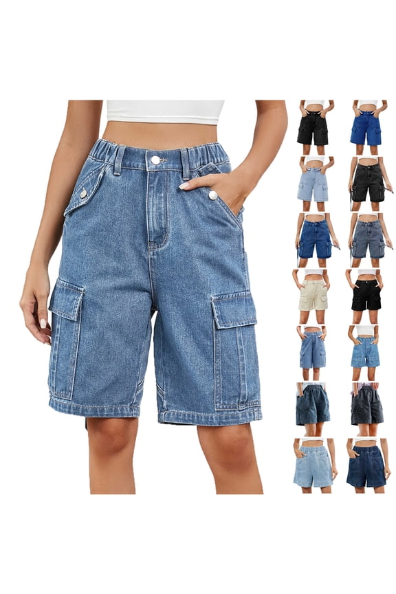 Denim Bermuda Shorts for Women Frayed Hem Jean Short Pants High Waist Straight Leg Distressed Ripped Jeans Streetwear with Pocket Blue XL Ofertas de Hoy en Liquidación