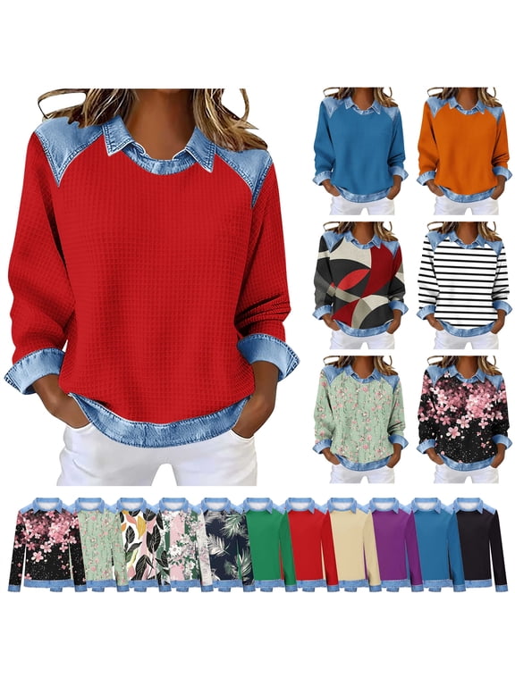 Denim Patchwork Shirt Long Sleeve Women Waffle Knit Lapel Collar Pullover Casual Loose Going Out Tops Navy S
