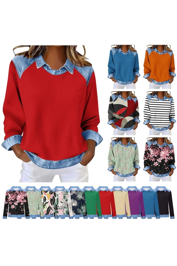 Denim Patchwork Shirt Long Sleeve Women Waffle Knit Lapel Collar Pullover Casual Loose Going Out Tops Navy S