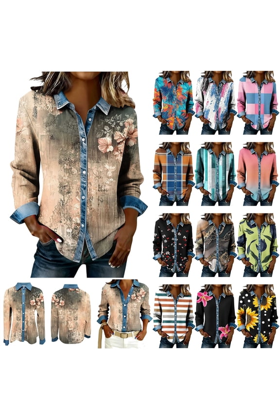 Denim Patchwork Shirts for Women Waffle Knit Long Sleeve Collared Tops Casual Loose Button Down Work Blouse Pink XXL
