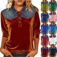 thumbnail image 1 of QATAINLAV Denim Patchwork Velvet Shirt Women Button Up 3/4 Length Sleeve Tops Casual Soft Comfy Lapel Polos Shirts White XXL, 1 of 8