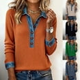 thumbnail image 1 of QATAINLAV Denim Pullover Tops for Women Long Sleeve Collared Patchwork Shirts Casual Workwear Layered Sweater Khaki L, 1 of 7