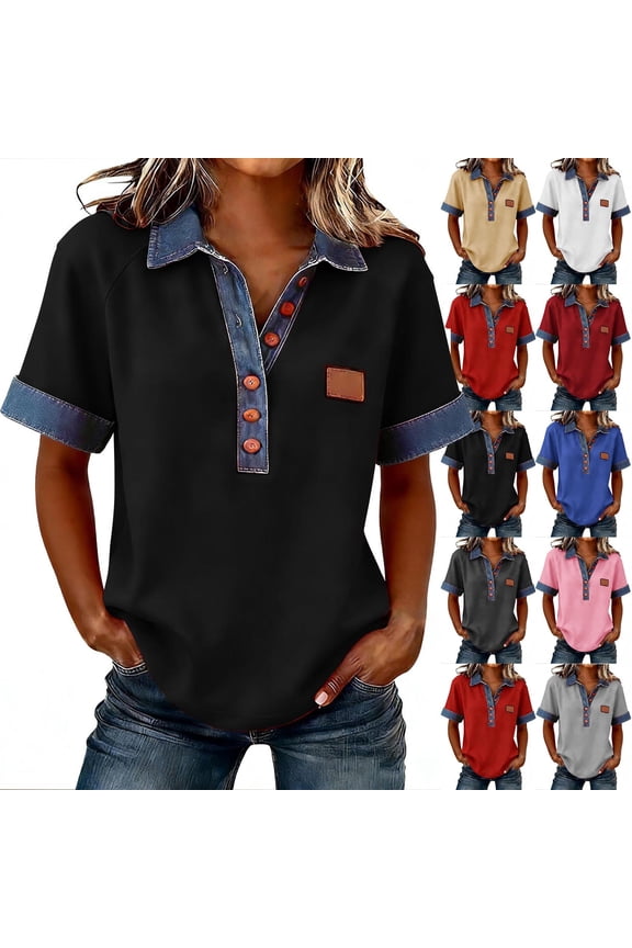 Denim Shirt Women Short Sleeve Half Button Collared V Neck Blouse Dressy Casual Office Work Tops Red M