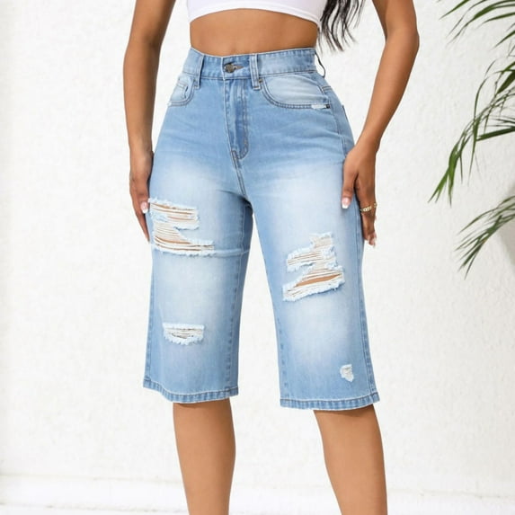 QATAINLAV Distressed Ripped Frayed Jeans for Women Loose Fit Jean Shorts Casual Distressed Short Jeans Casual Mid Waist Denim Pants Limited Time Sale Light Blue M