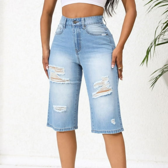 QATAINLAV Distressed Ripped Frayed Jeans for Women Loose Fit Jean Shorts Casual Distressed Short Jeans Casual Mid Waist Denim Pants Light Blue XL