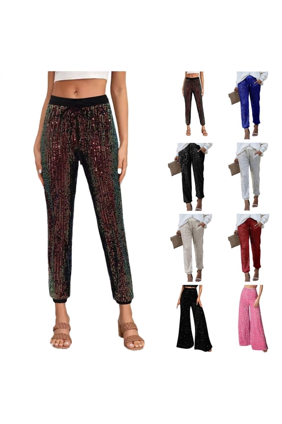 Bound Ankle Pants for Women Fashion Sequin Glitter Sweatpants Wedding Party Sparkle Elastic Bottom Trousers Black XL