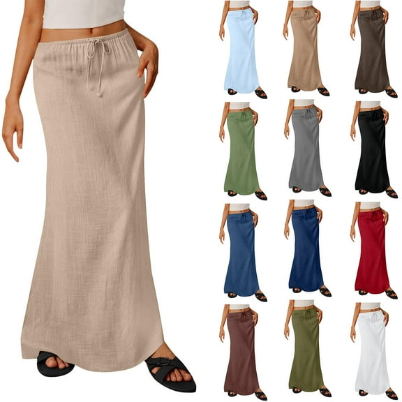 QATAINLAV Dollar Sales! Cotton Linen Skirts for Women Maxi Length Summer Skirts Drawstring Low Rise A-Line Casual Loose Flowy Beach Skirt White M